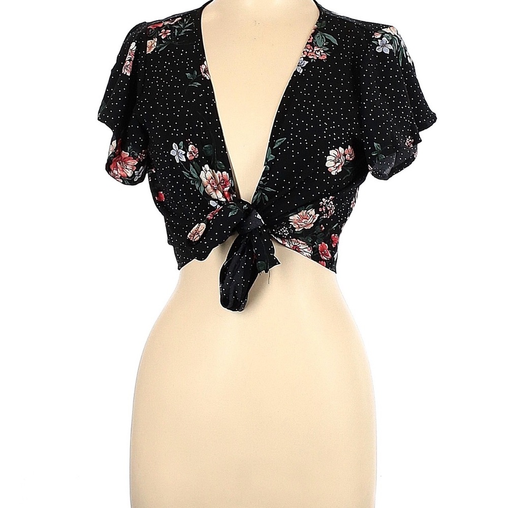 Floral Tie-Front Crop Top - Black